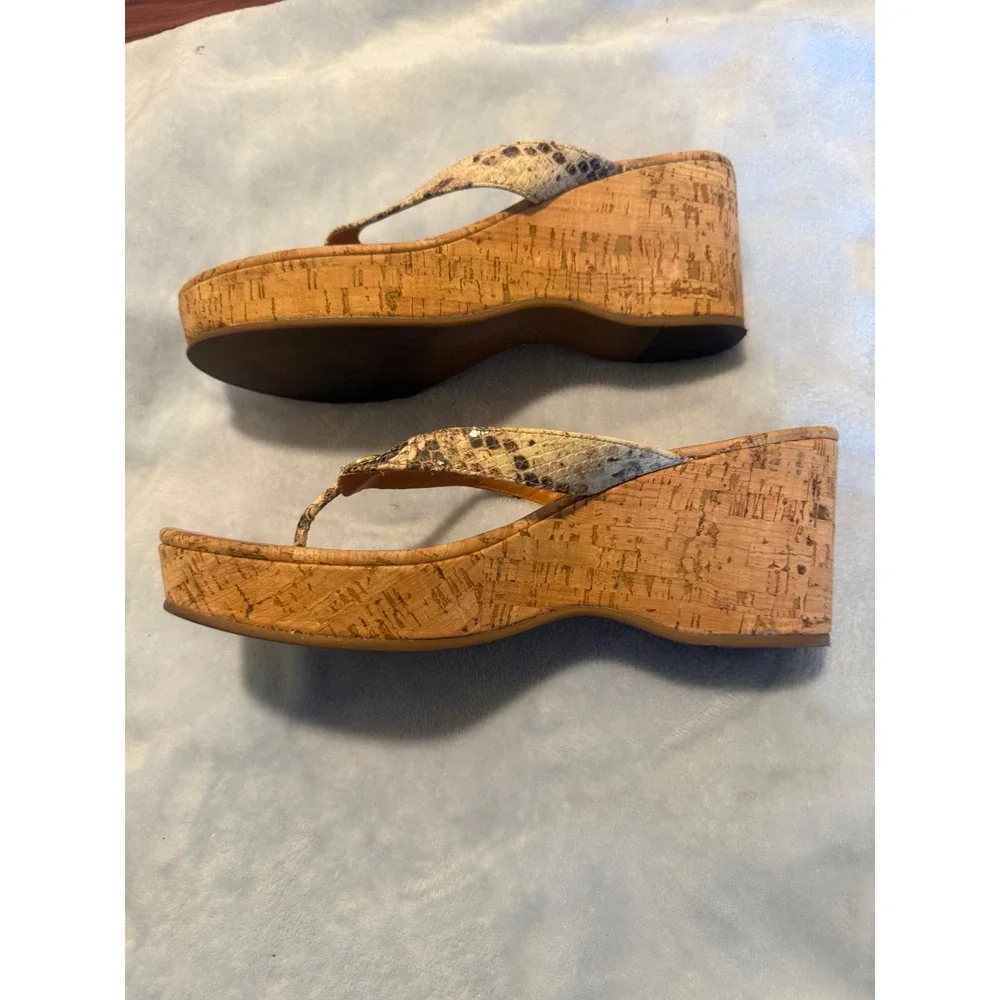 Tory Burch Miller Snakeskin Cork Wedge Sandals Platform Gold Logo Brown 10 1/2M